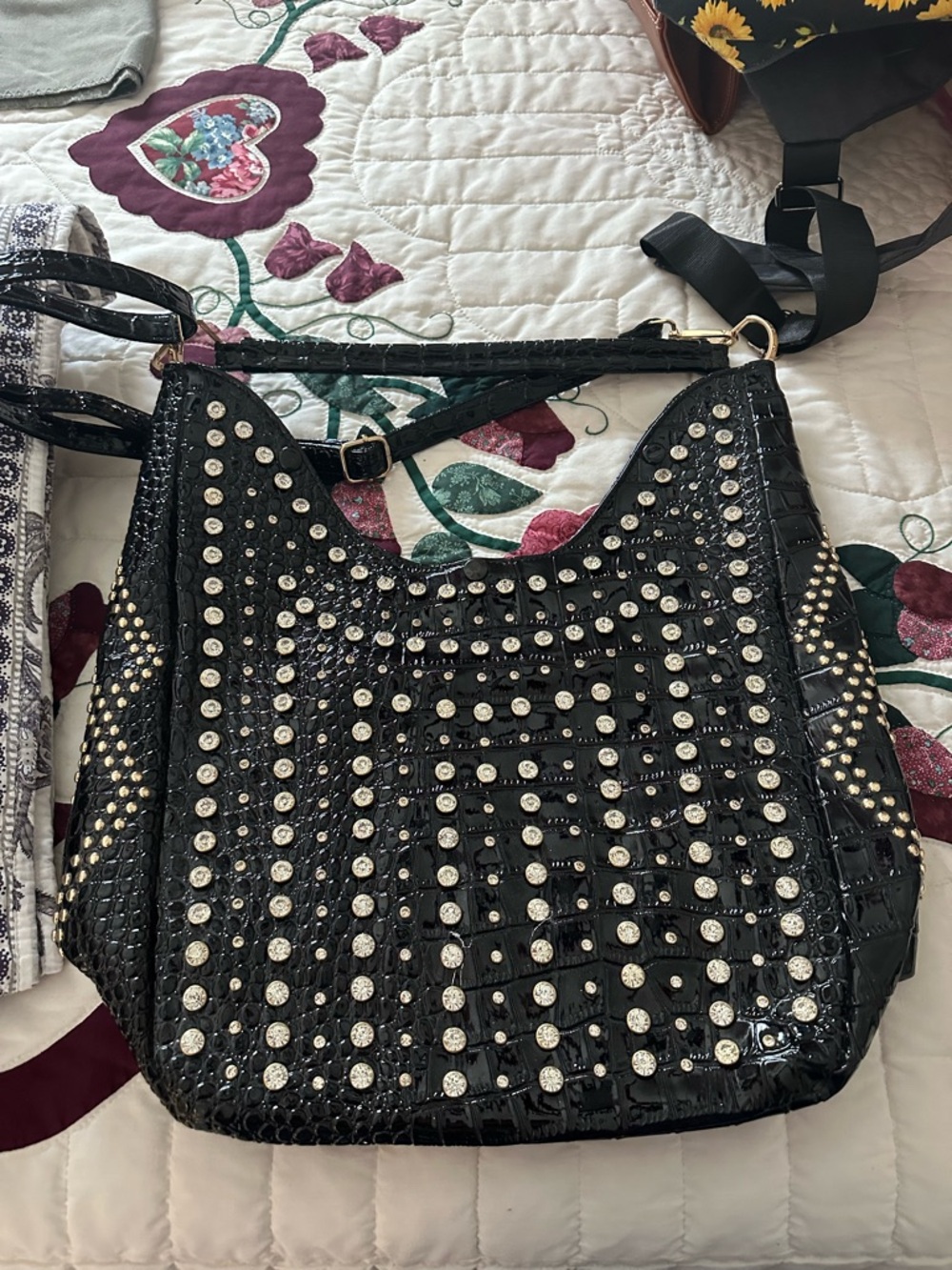 Black Studded Patent Shoulder Bag with Crystal Accents